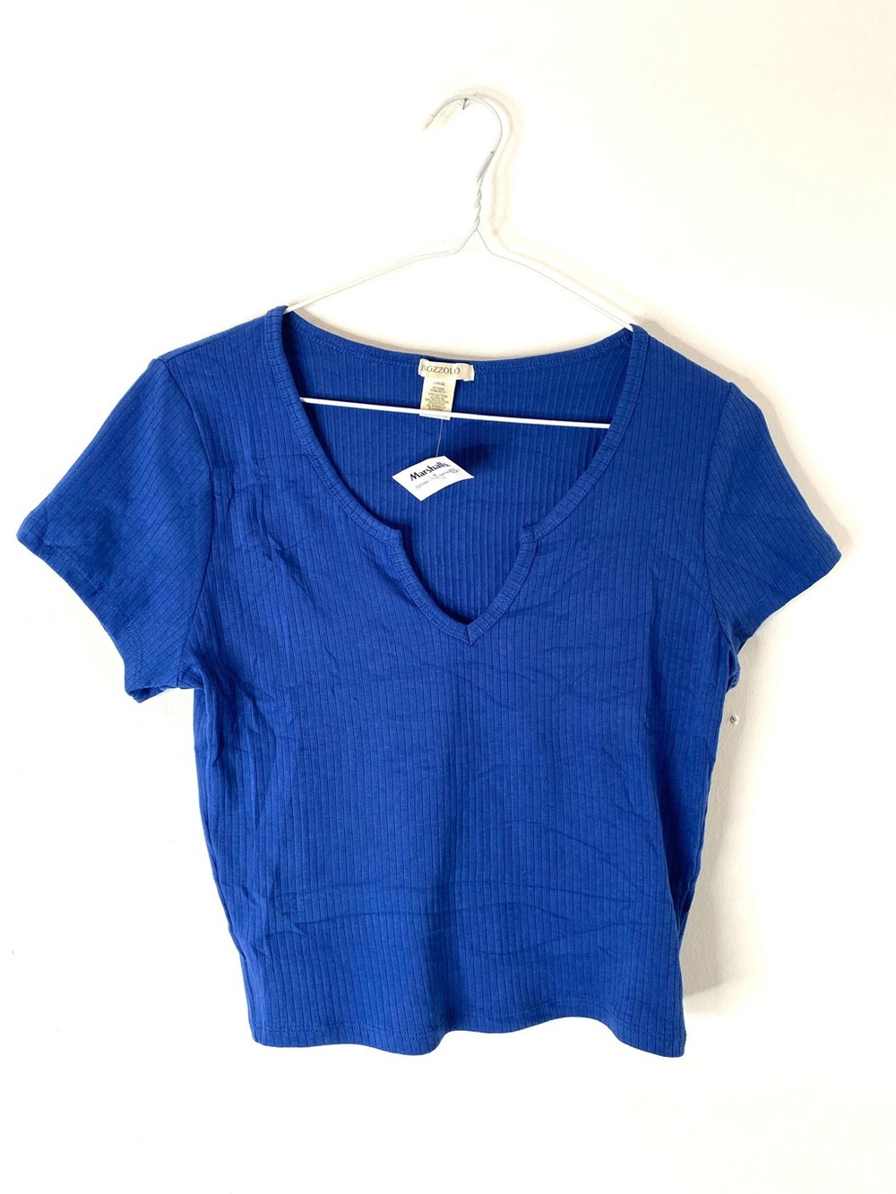 Royal Blue Ribbed V Neck Crop Top Stretch Short Sleeve NWT Bozzolo